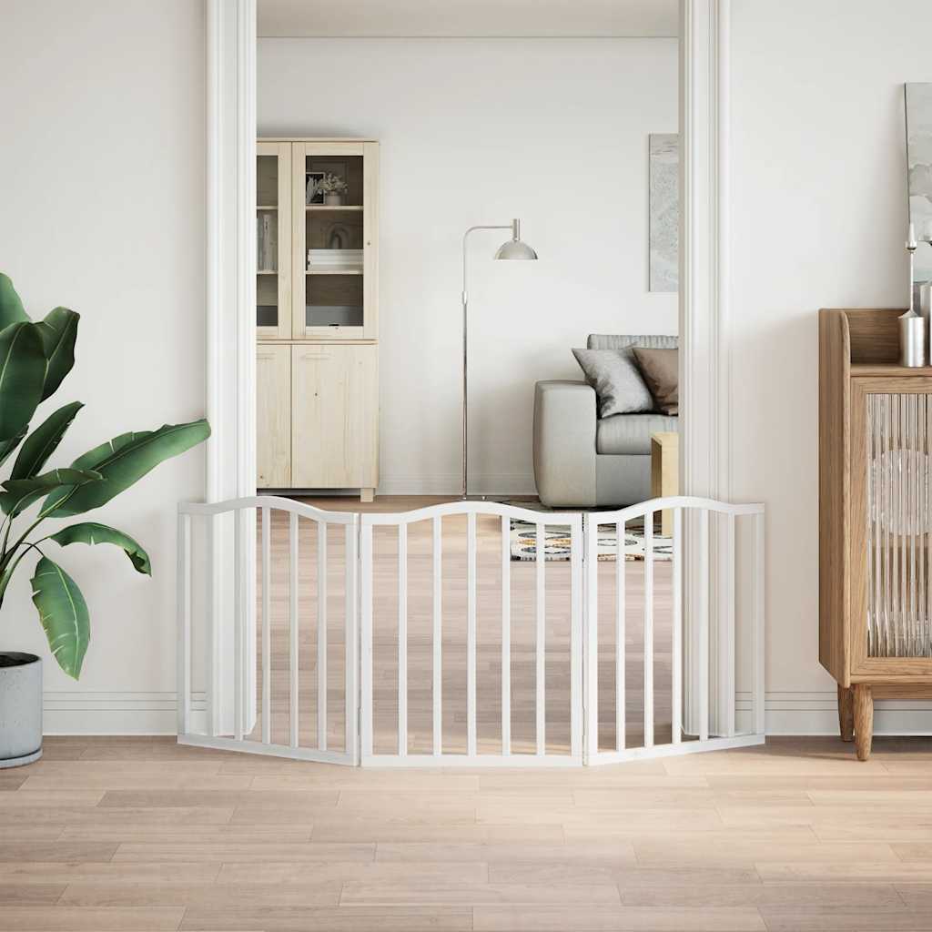 vidaXL Poartă pentru câini pliabilă, 3 panouri, alb, 150 cm, lemn plop
