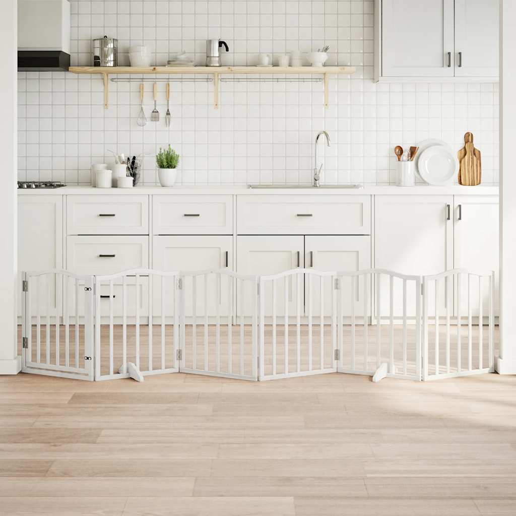 vidaXL Poartă câini pliabilă cu ușă, 6 panouri, alb, 300 cm, lemn plop