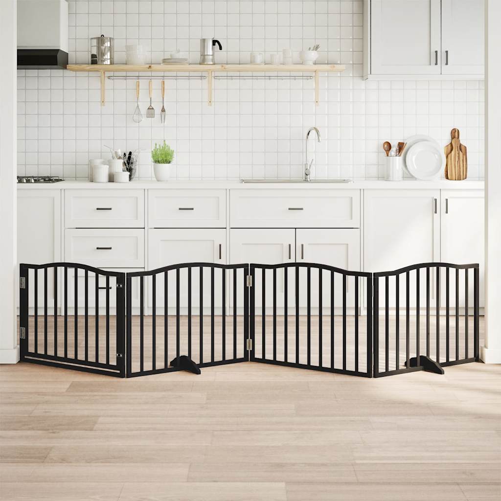 vidaXL Poartă de acces pentru câini cu ușă pliabilă, 4 panouri, neagră, 320 cm, lemn de plop
