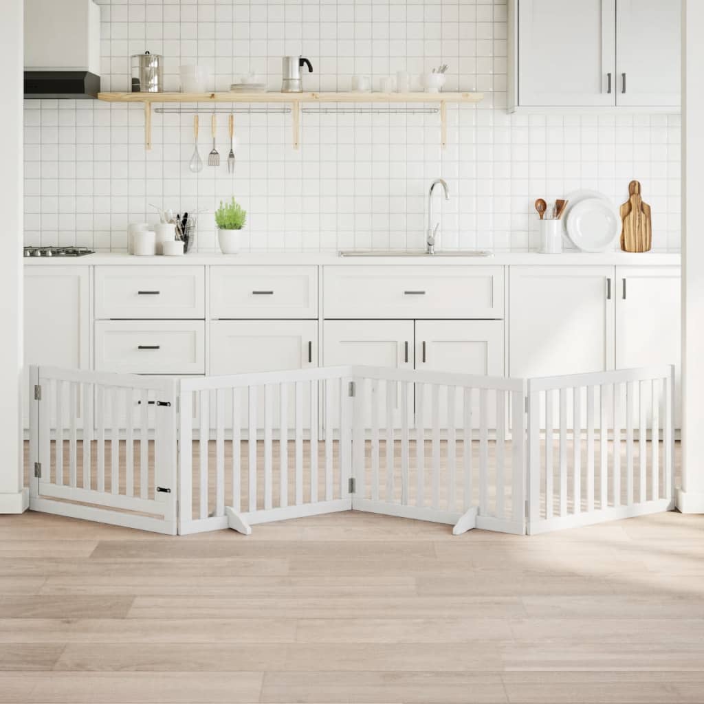 vidaXL Poartă câini pliabilă cu ușă, 4 panouri, alb, 320 cm, lemn plop