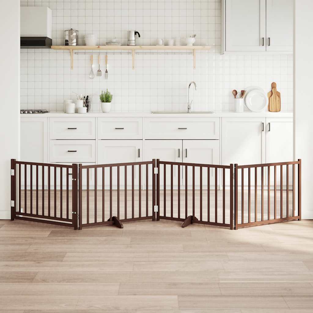 vidaXL Poartă câini pliabilă cu ușă 4 panouri maro 320 cm, lemn brad