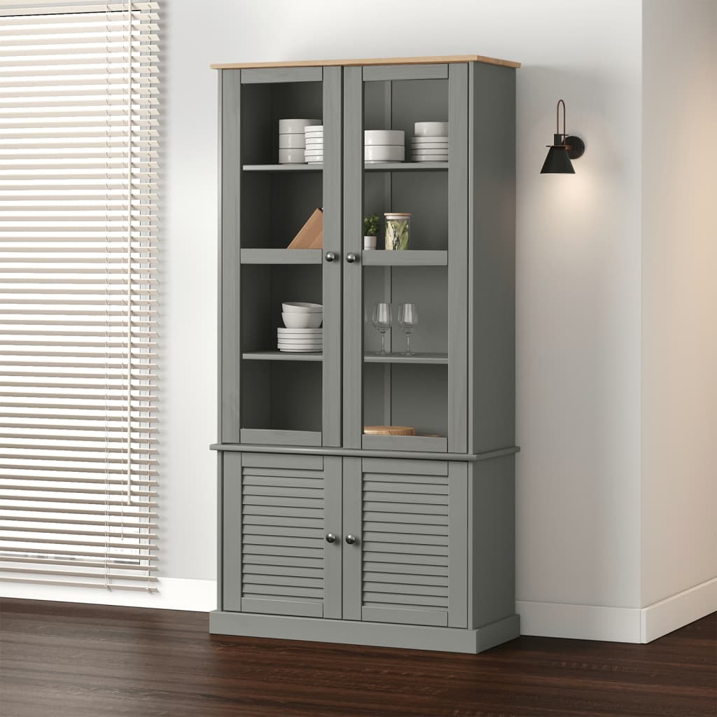 vidaXL Vitrină de sticlă VIGO, gri, 85x35x170 cm, lemn masiv de pin vidaXL Vitrină de sticlă VIGO, gri, 85x35x170 cm, lemn masiv de pin