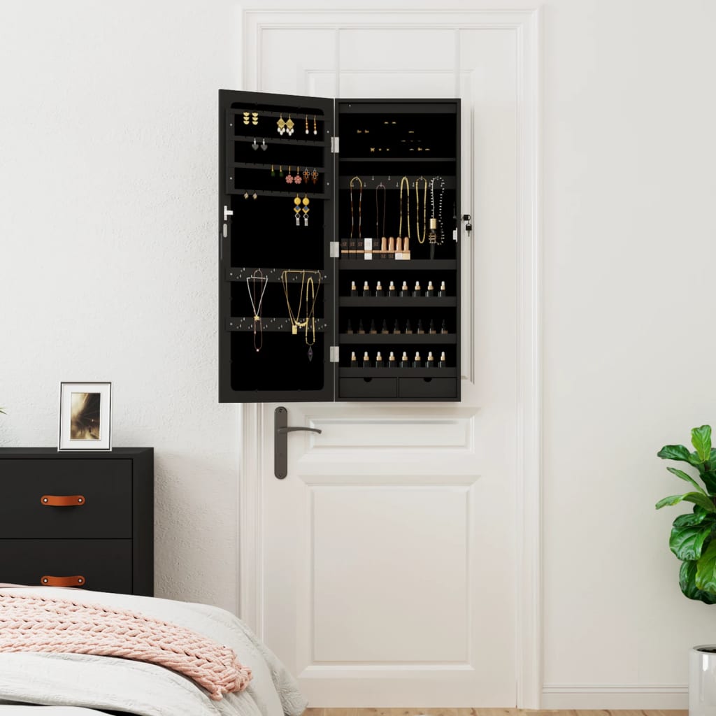 vidaXL Dulap de bijuterii cu oglindă și lumini LED, de perete, negru vidaXL Dulap de bijuterii cu oglindă și lumini LED, de perete, negru
