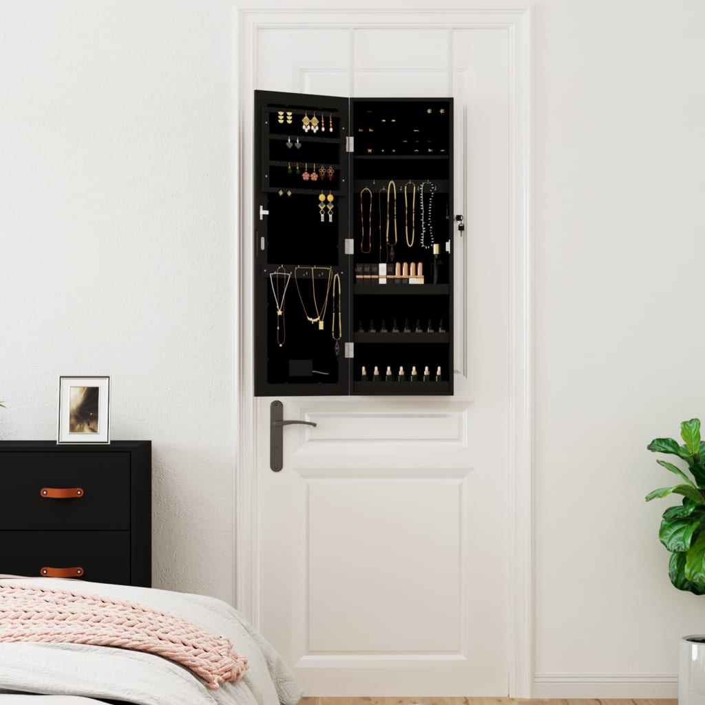 vidaXL Dulap de bijuterii cu oglindă și lumini LED, de perete, negru