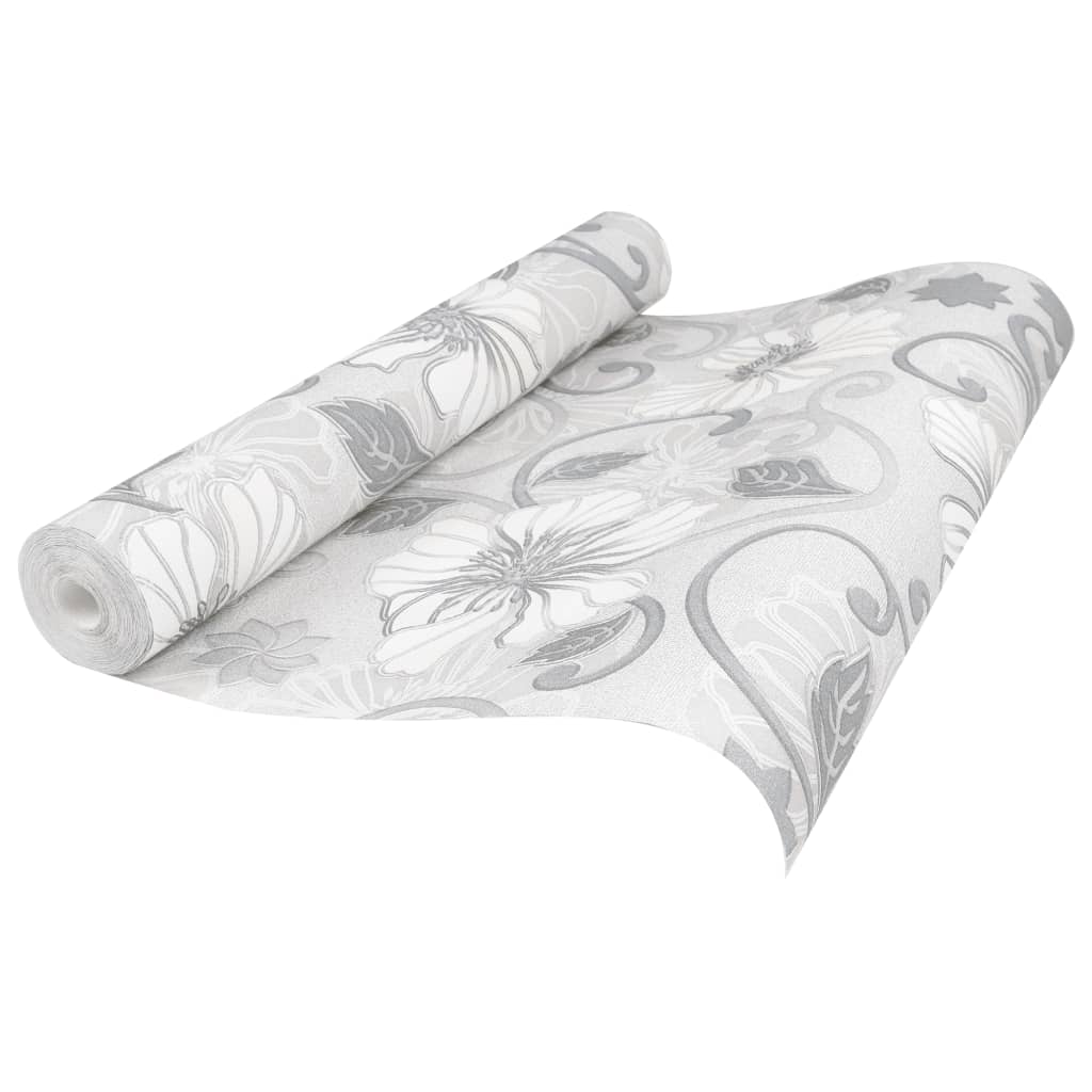 vidaXL Tapet cu model flori 3D, gri, 10x0,53 m, nețesut vidaXL Tapet cu model flori 3D, gri, 10x0,53 m, nețesut