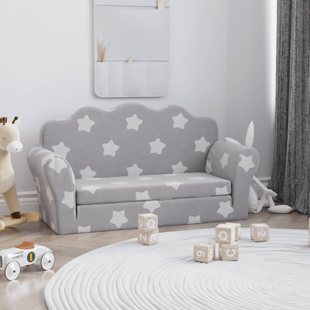 vidaXL Canapea extensibilă copii 2 locuri gri deschis/stele pluș moale vidaXL Canapea extensibilă copii 2 locuri gri deschis/stele pluș moale