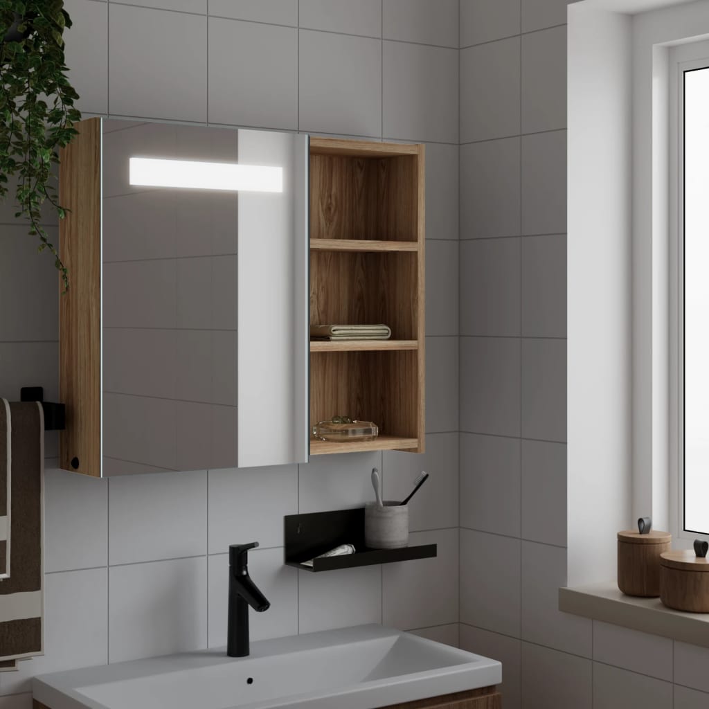 vidaXL Dulap cu oglindă de baie cu LED, stejar deschis, 60x13x52 cm vidaXL Dulap cu oglindă de baie cu LED, stejar deschis, 60x13x52 cm