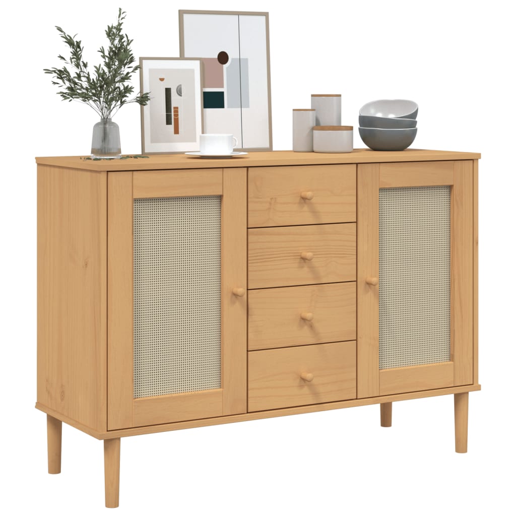 vidaXL Servantă SENJA, aspect ratan maro, 112x40x80 cm, lemn masiv pin vidaXL Servantă SENJA, aspect ratan maro, 112x40x80 cm, lemn masiv pin