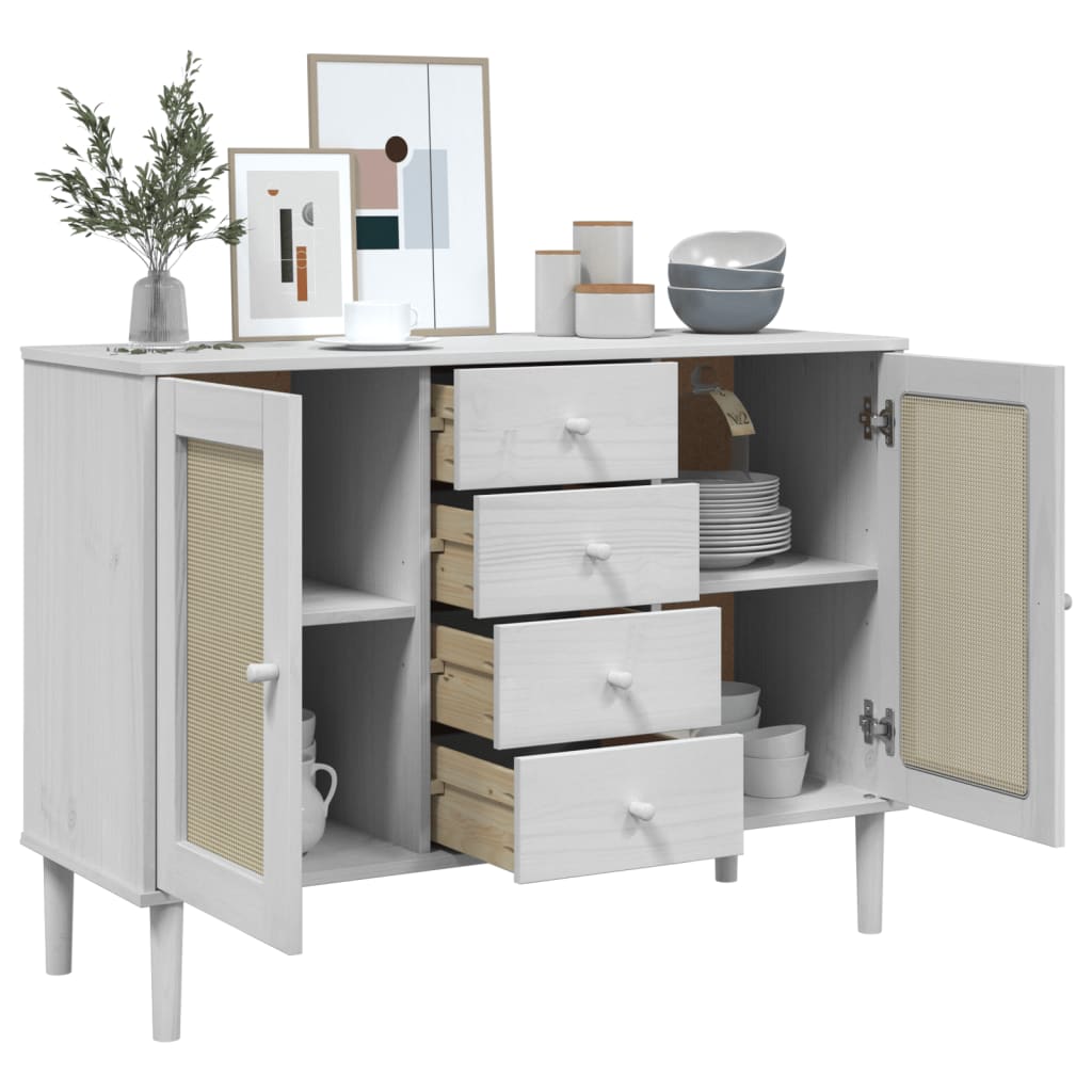 vidaXL Servantă SENJA, aspect ratan alb, 112x40x80 cm, lemn masiv pin vidaXL Servantă SENJA, aspect ratan alb, 112x40x80 cm, lemn masiv pin