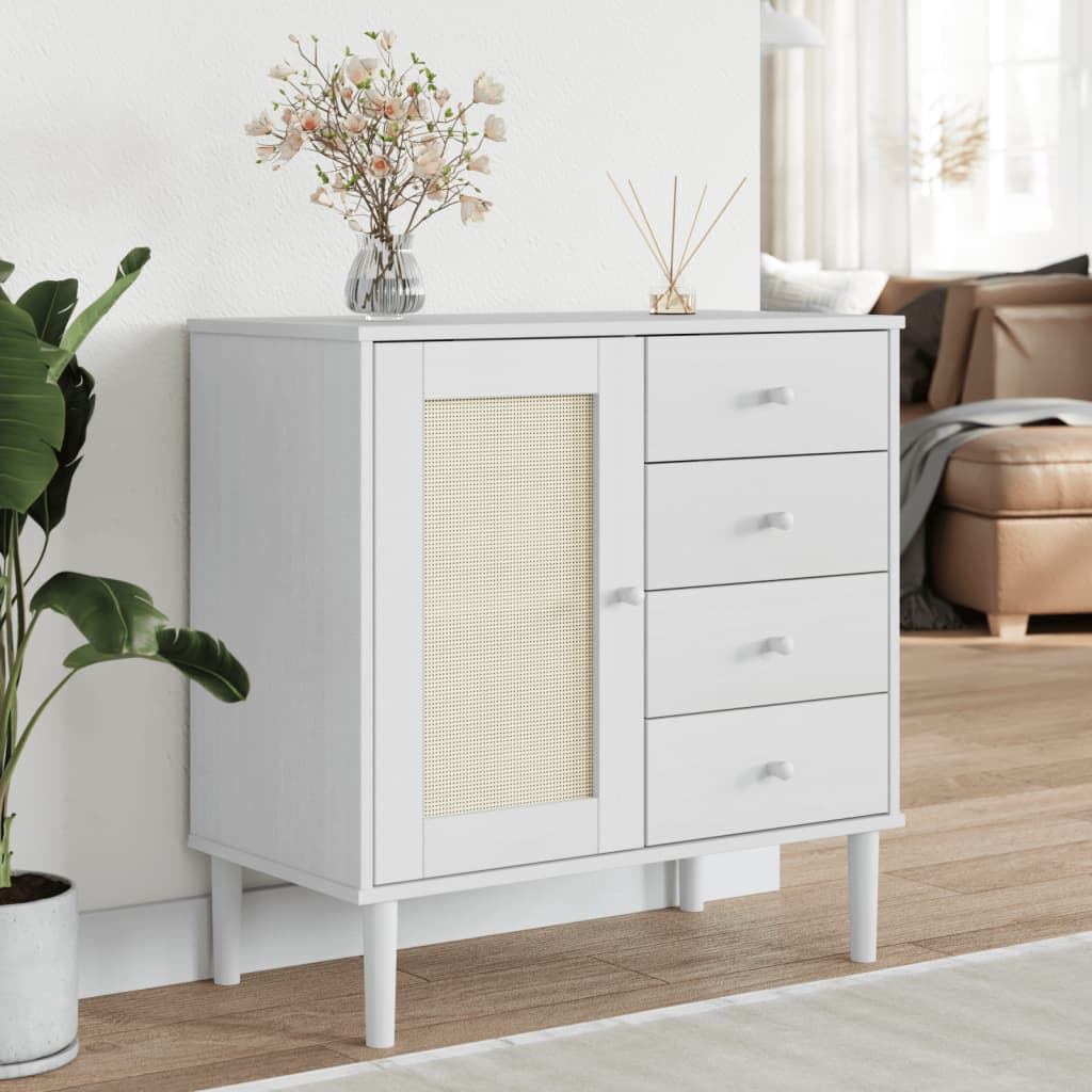 vidaXL Servantă SENJA, aspect ratan alb, 80x40x80 cm, lemn masiv pin