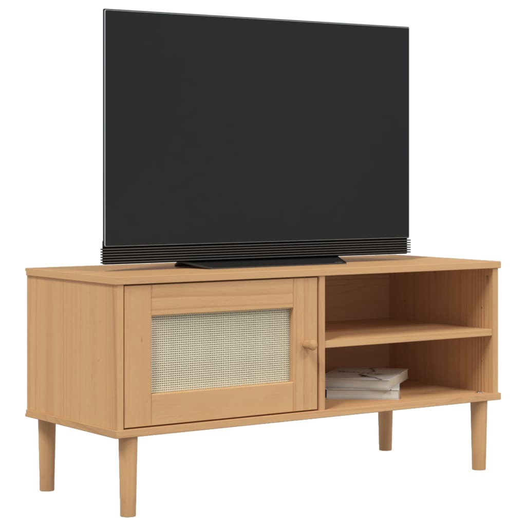 vidaXL Comodă TV SENJA aspect ratan maro, 106x40x49 cm, lemn masiv pin