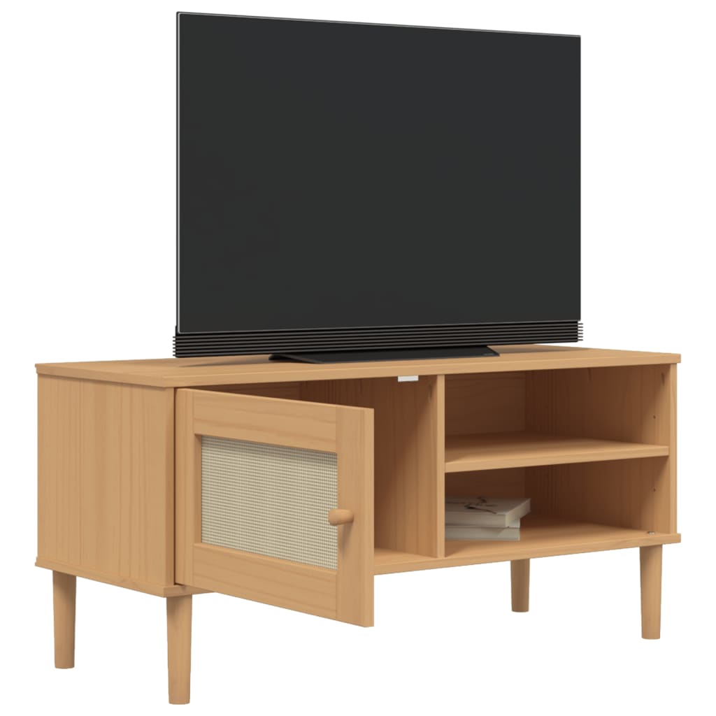 vidaXL Comodă TV SENJA aspect ratan maro, 106x40x49 cm, lemn masiv pin