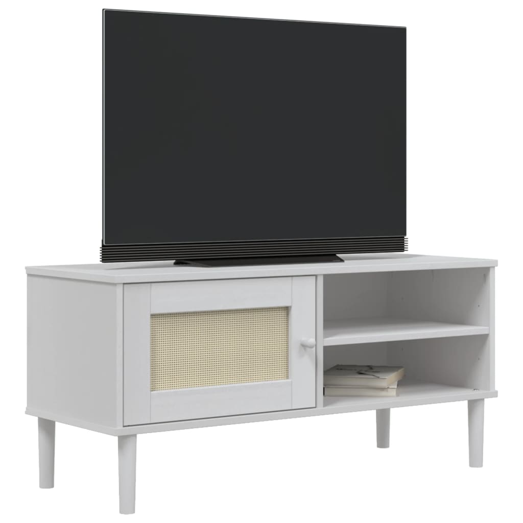 vidaXL Comodă TV SENJA aspect ratan alb, 106x40x49 cm, lemn masiv pin