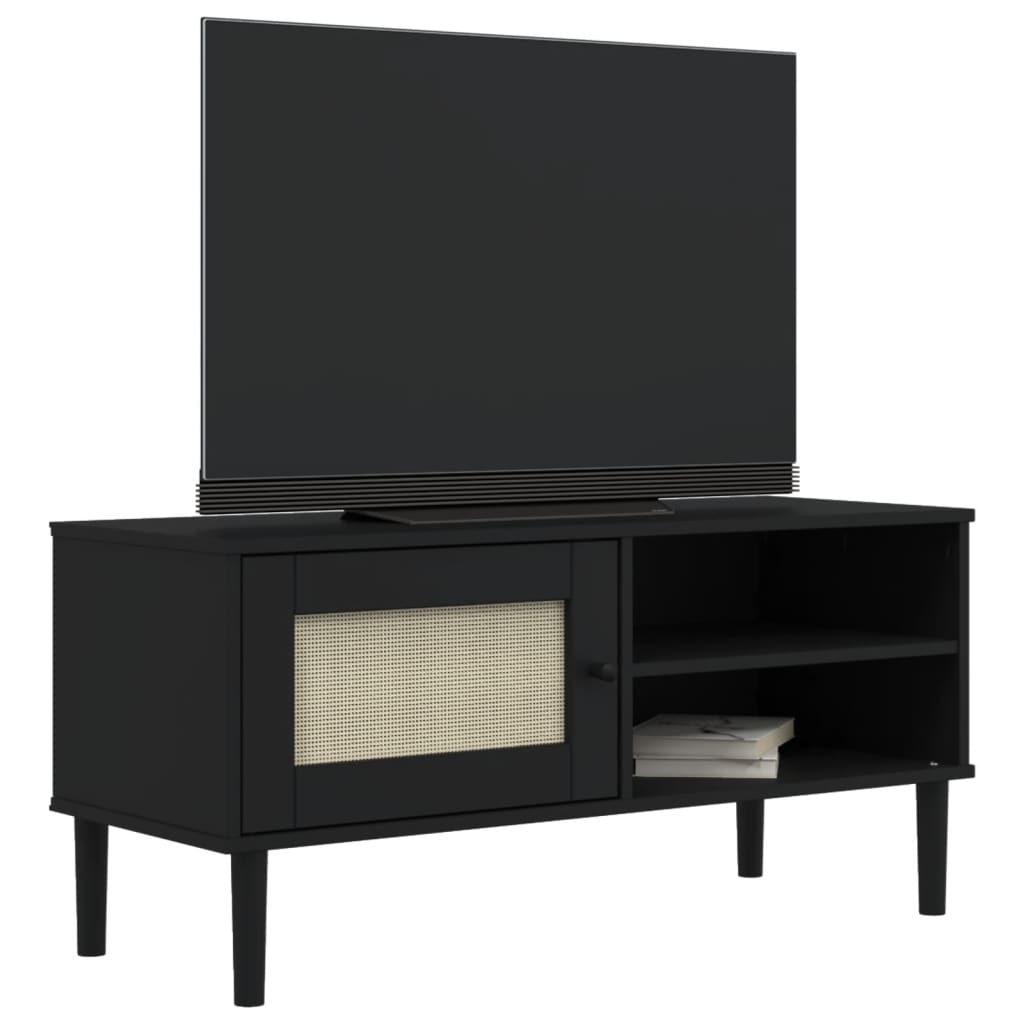 vidaXL Comodă TV SENJA aspect ratan negru 106x40x49 cm lemn masiv pin