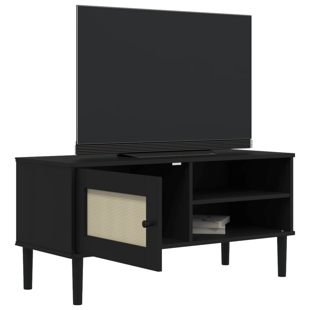 vidaXL Comodă TV SENJA aspect ratan negru 106x40x49 cm lemn masiv pin