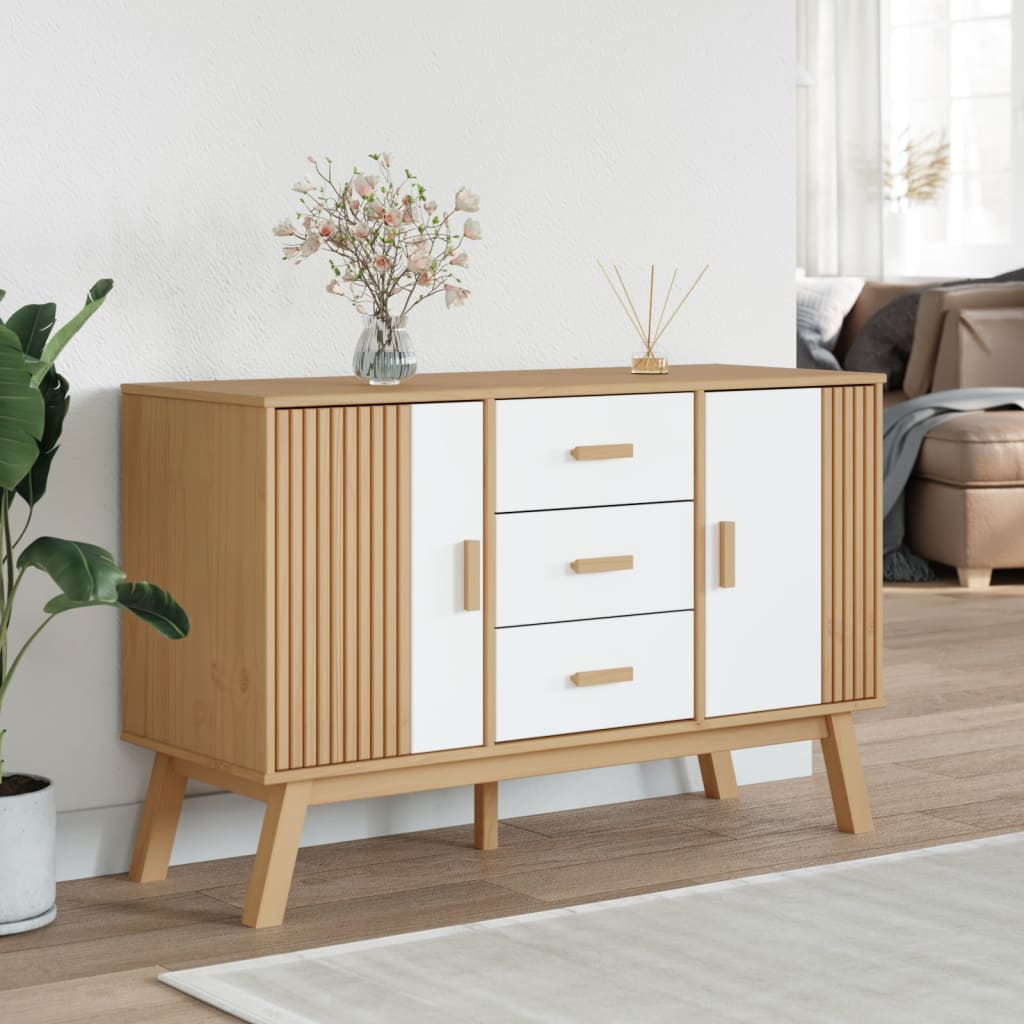 vidaXL Servantă "OLDEN", alb și maro, 114x43x73,5 cm, lemn masiv pin