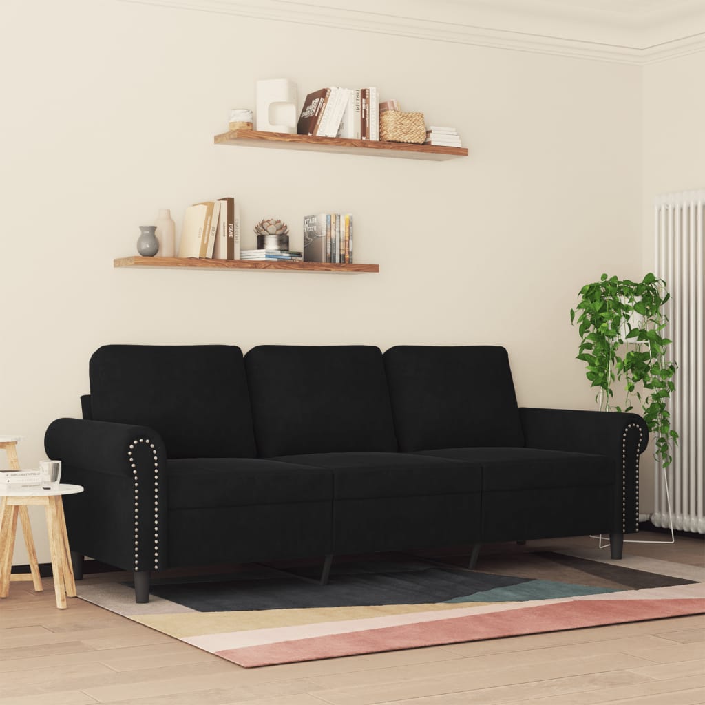 vidaXL Canapea cu 3 locuri, Negru, 180 cm, catifea
