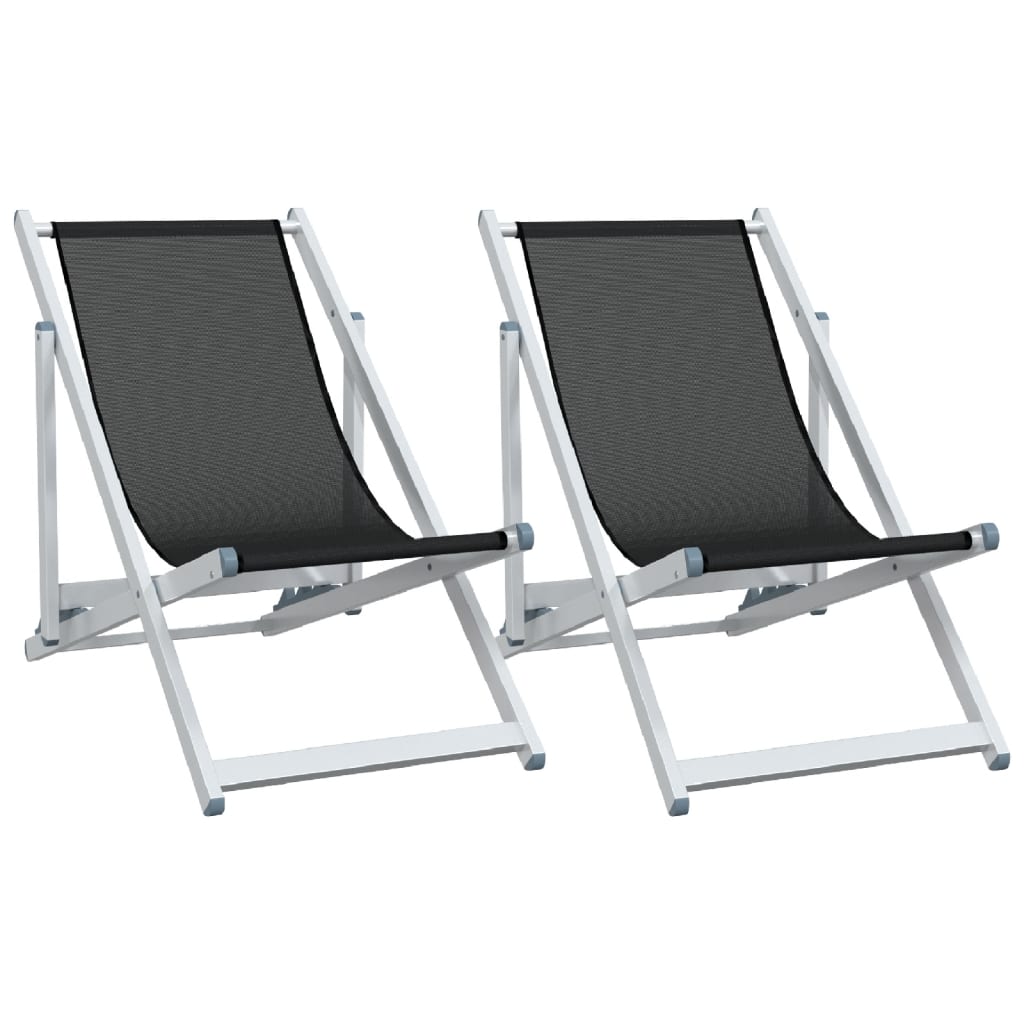vidaXL Scaune pliante de plajă, 2 buc., negru, aluminiu și textilenă vidaXL Scaune pliante de plajă, 2 buc., negru, aluminiu și textilenă