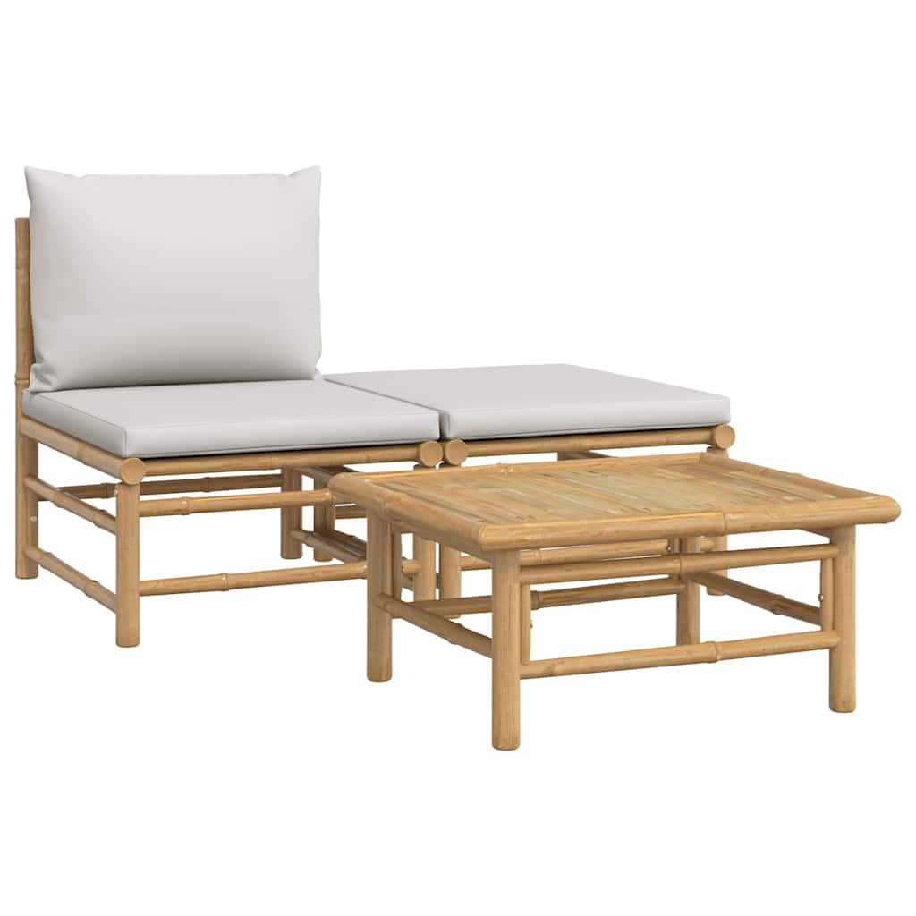 vidaXL Set mobilier de grădină cu perne gri deschis, 3 piese, bambus vidaXL Set mobilier de grădină cu perne gri deschis, 3 piese, bambus