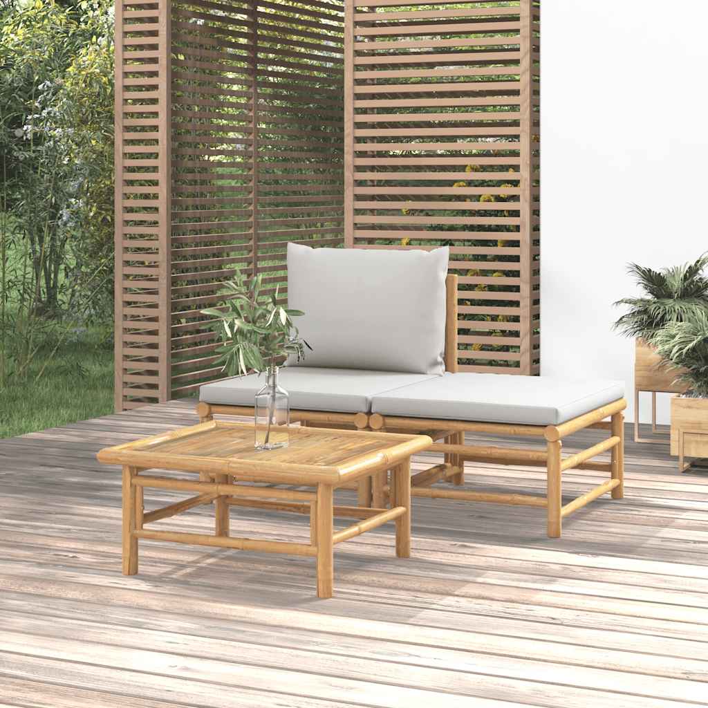 vidaXL Set mobilier de grădină cu perne gri deschis, 3 piese, bambus vidaXL Set mobilier de grădină cu perne gri deschis, 3 piese, bambus