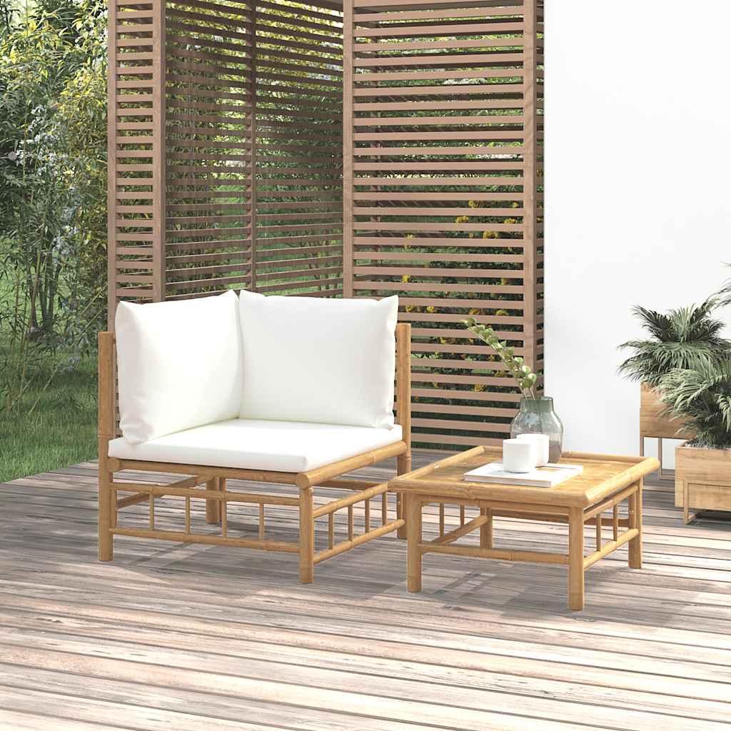 vidaXL Set mobilier de grădină cu perne alb crem, 2 piese, bambus vidaXL Set mobilier de grădină cu perne alb crem, 2 piese, bambus