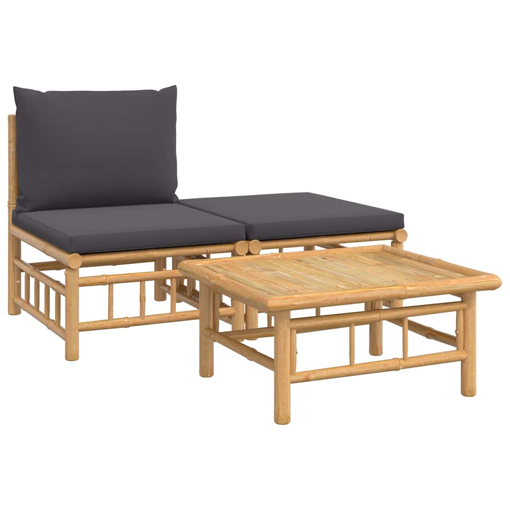 vidaXL Set mobilier de grădină, perne gri închis, 3 piese, bambus