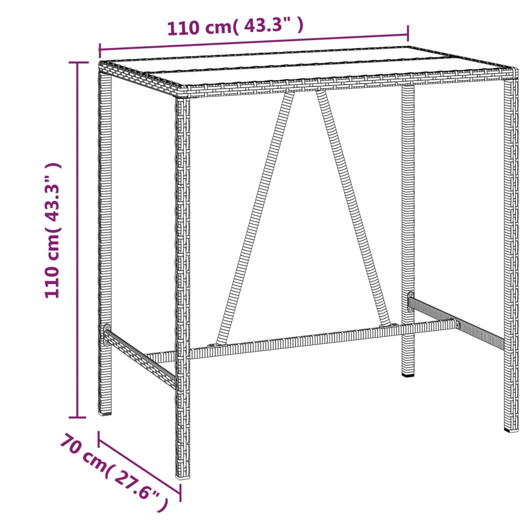 vidaXL Masă de bar cu blat din sticlă, negru, 110x70x110 cm, poliratan vidaXL Masă de bar cu blat din sticlă, negru, 110x70x110 cm, poliratan