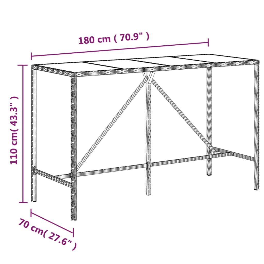 vidaXL Masă de bar cu blat din sticlă, maro, 180x70x110 cm, poliratan vidaXL Masă de bar cu blat din sticlă, maro, 180x70x110 cm, poliratan