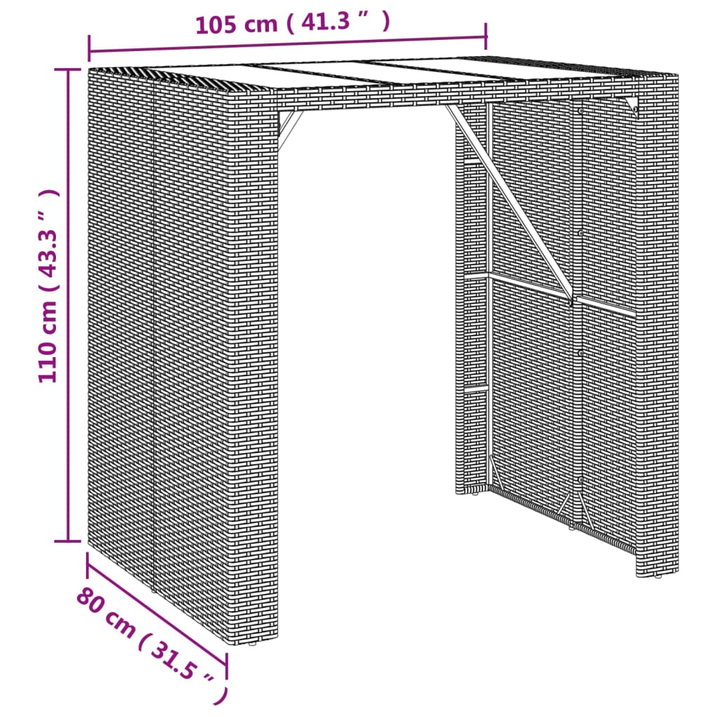 vidaXL Masă de bar cu blat din sticlă, maro, 105x80x110 cm, poliratan vidaXL Masă de bar cu blat din sticlă, maro, 105x80x110 cm, poliratan