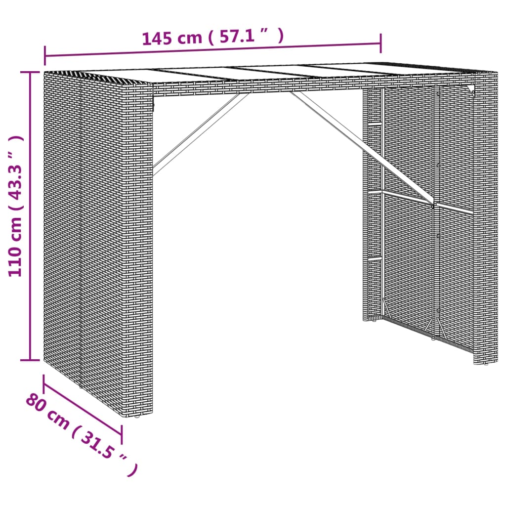 vidaXL Masă de bar cu blat din sticlă, maro, 145x80x110 cm, poliratan vidaXL Masă de bar cu blat din sticlă, maro, 145x80x110 cm, poliratan