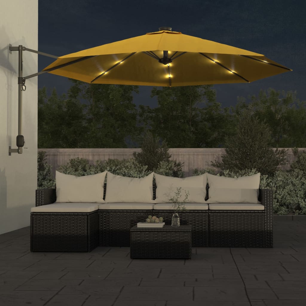 vidaXL Umbrelă de soare montată pe perete, cu LED-uri, galben, 290 cm vidaXL Umbrelă de soare montată pe perete, cu LED-uri, galben, 290 cm