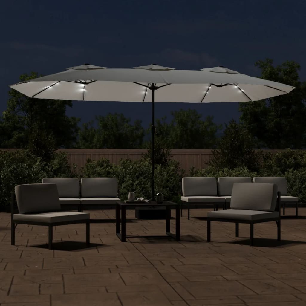 vidaXL Umbrelă de grădină cu două capete/LED, alb nisipiu, 449x265 cm