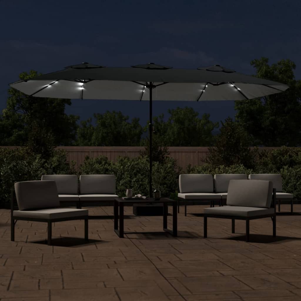 vidaXL Umbrelă de grădină cu două capete cu LED, antracit, 449x265 cm