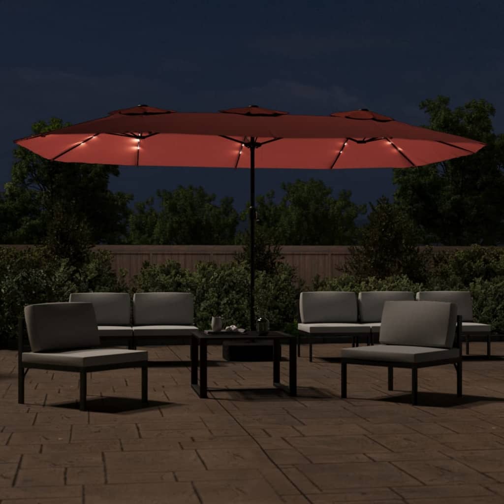 vidaXL Umbrelă de grădină cu două capete/LED, cărămiziu, 449x265 cm