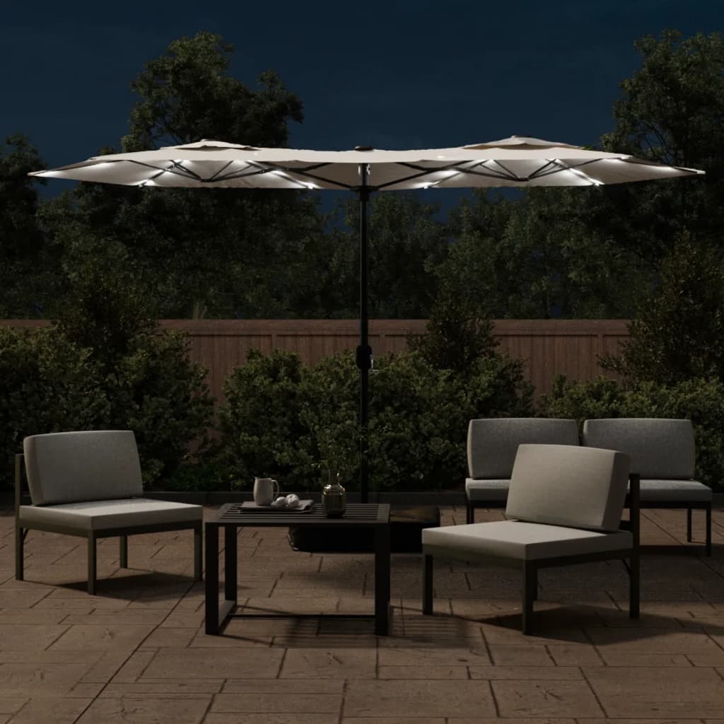 vidaXL Umbrelă de grădină cu două capete/LED, alb nisipiu, 316x145 cm vidaXL Umbrelă de grădină cu două capete/LED, alb nisipiu, 316x145 cm