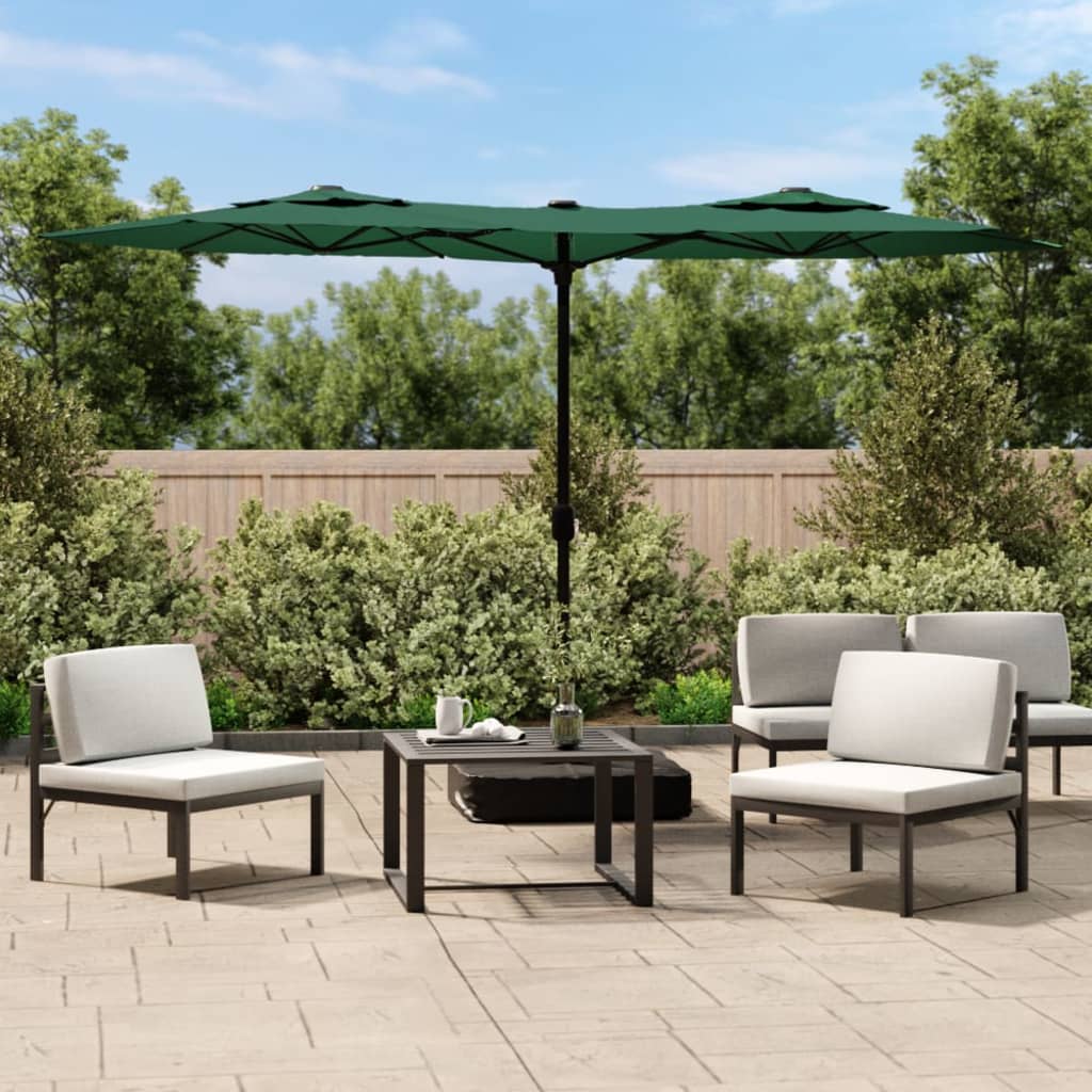 vidaXL Umbrelă de grădină cu două capete cu LED-uri, verde, 316x145 cm