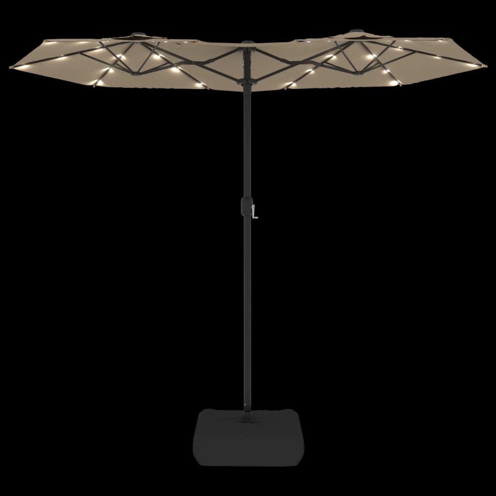 vidaXL Umbrelă de grădină cu două capete cu LED-uri, taupe, 316x145 cm