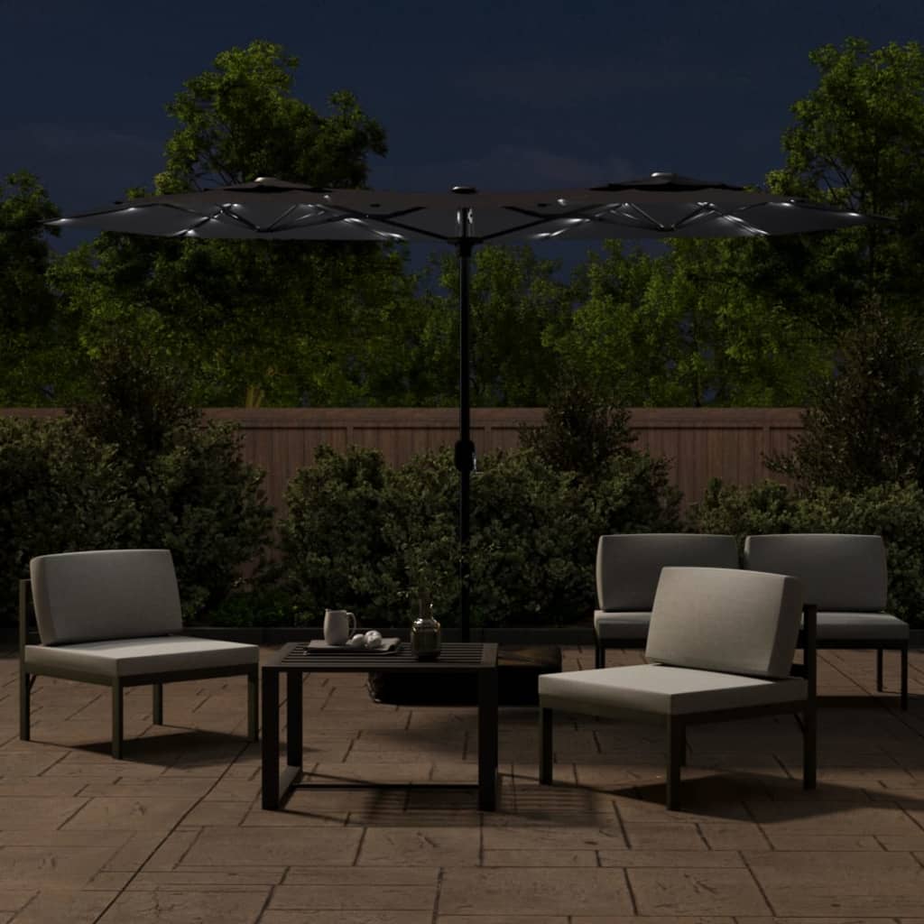 vidaXL Umbrelă de grădină cu două capete cu LED-uri, negru, 316x145 cm