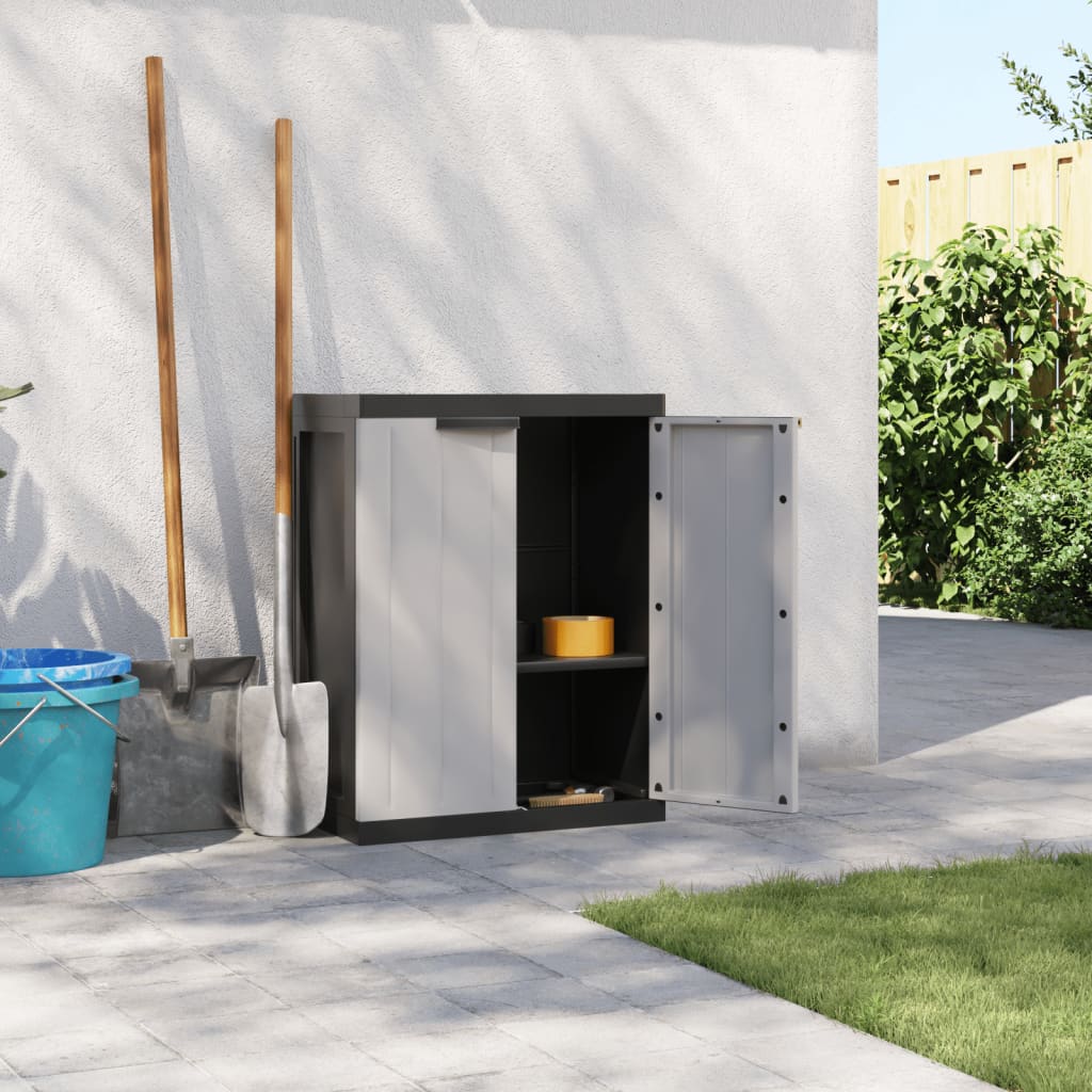 vidaXL Dulap depozitare de exterior, gri și negru, 65x37x85 cm, PP vidaXL Dulap depozitare de exterior, gri și negru, 65x37x85 cm, PP