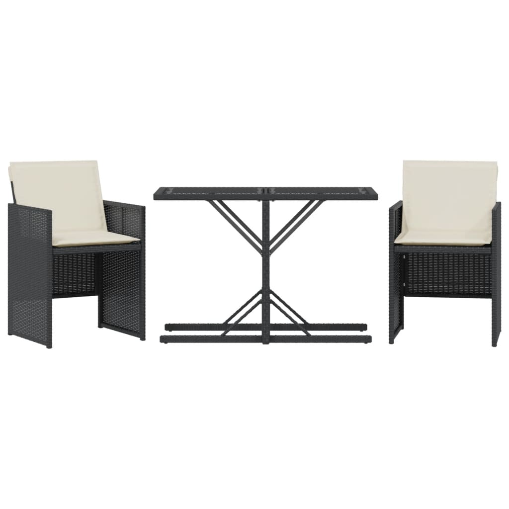 vidaXL Set bistro cu perne, 3 piese, negru, poliratan