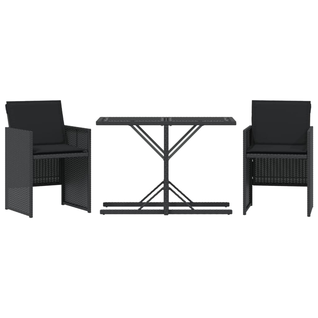 vidaXL Set bistro cu perne, 3 piese, negru, poliratan