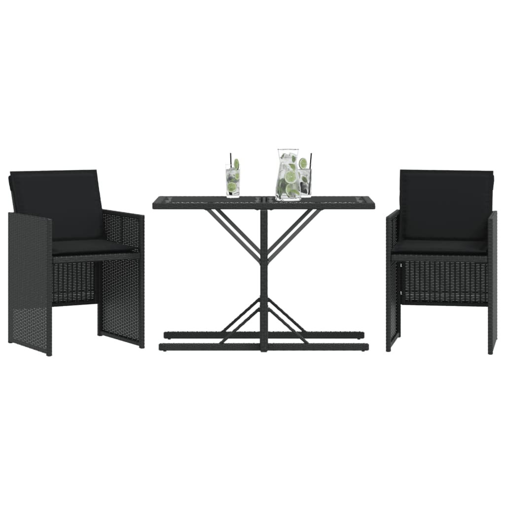 vidaXL Set bistro cu perne, 3 piese, negru, poliratan