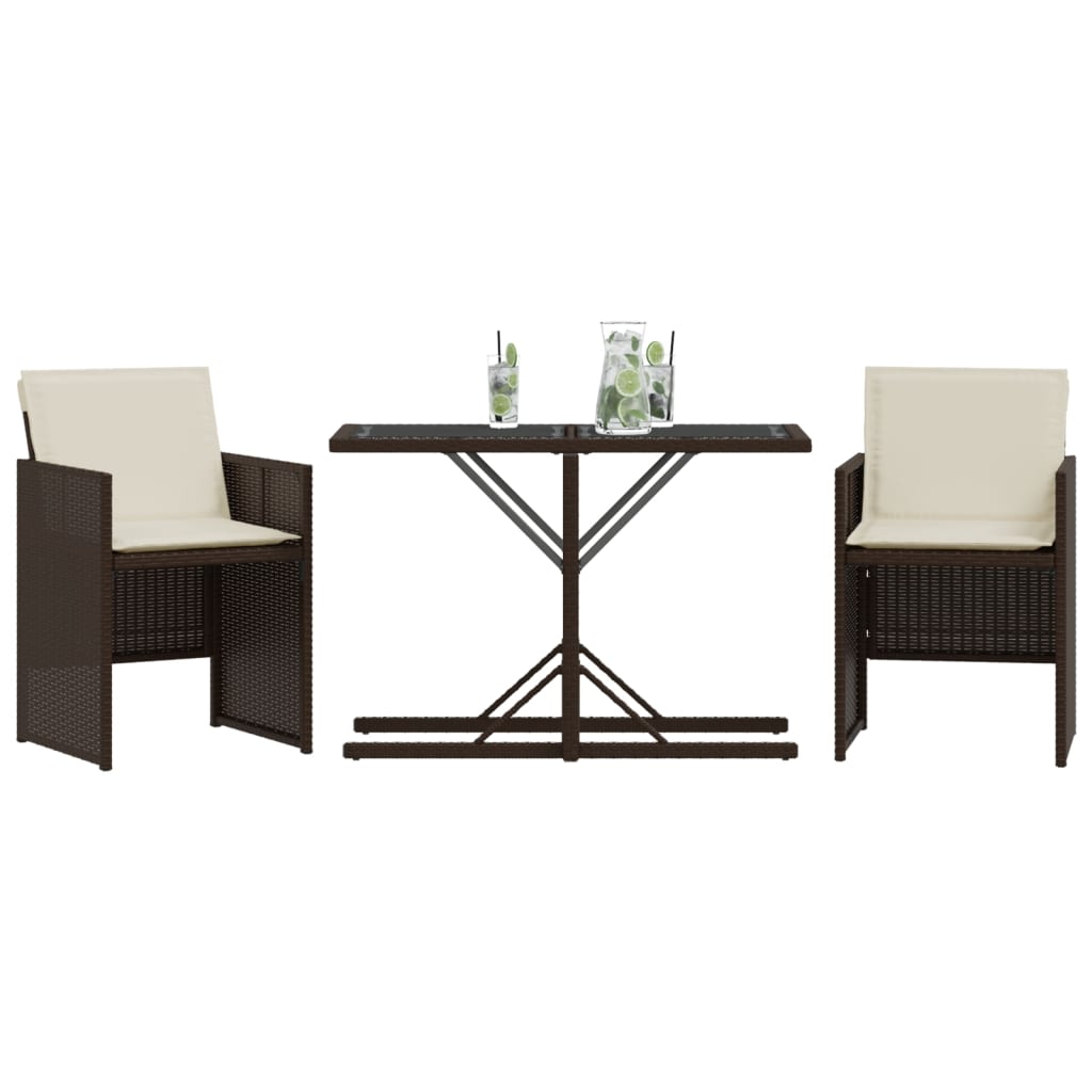 vidaXL Set bistro cu perne, 3 piese, maro, poliratan