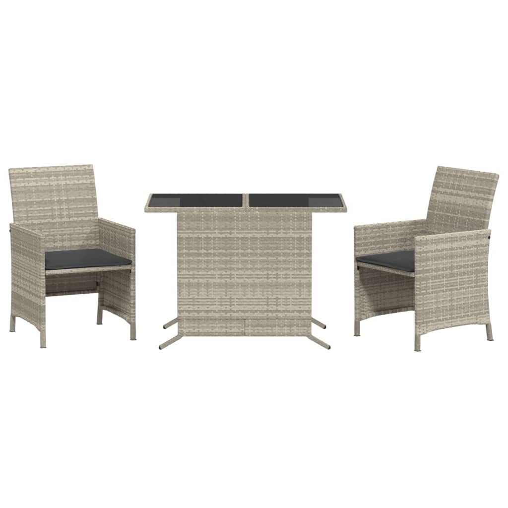 vidaXL Set bistro cu perne, 3 piese, gri deschis, poliratan