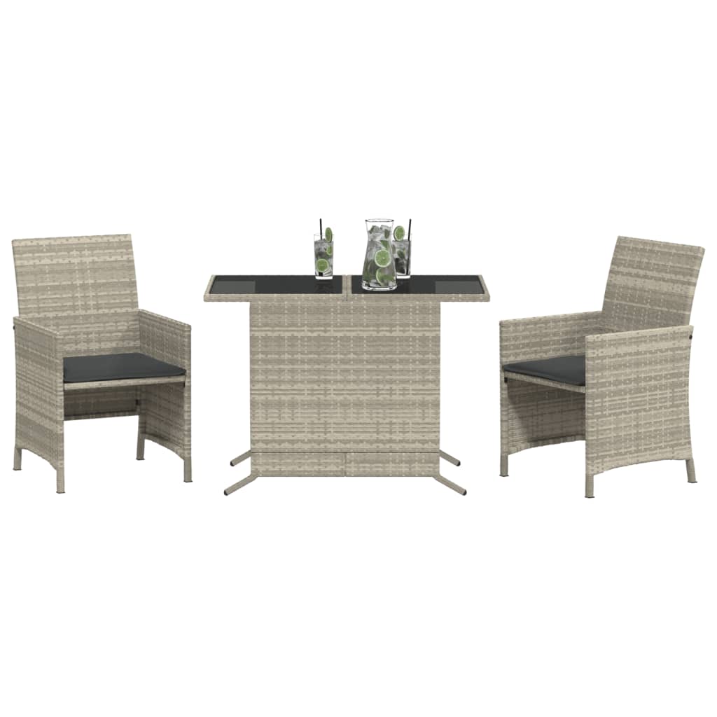 vidaXL Set bistro cu perne, 3 piese, gri deschis, poliratan