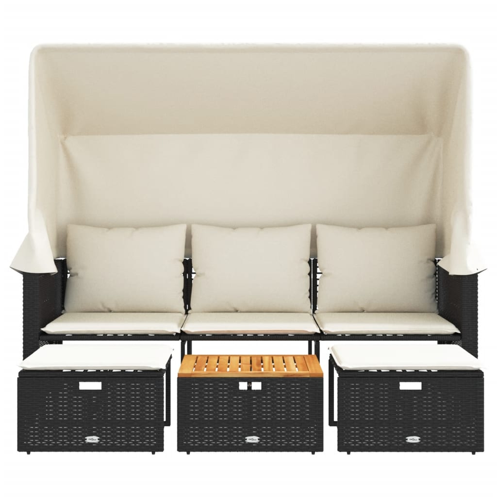 vidaXL Canapea de grădină 3 locuri baldachin/taburete negru, poliratan