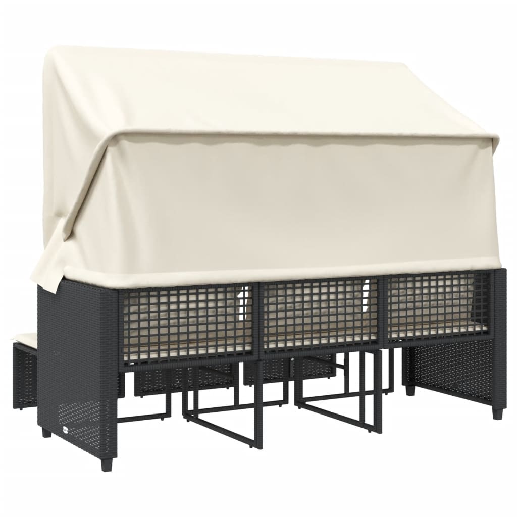 vidaXL Canapea de grădină 3 locuri baldachin/taburete negru, poliratan