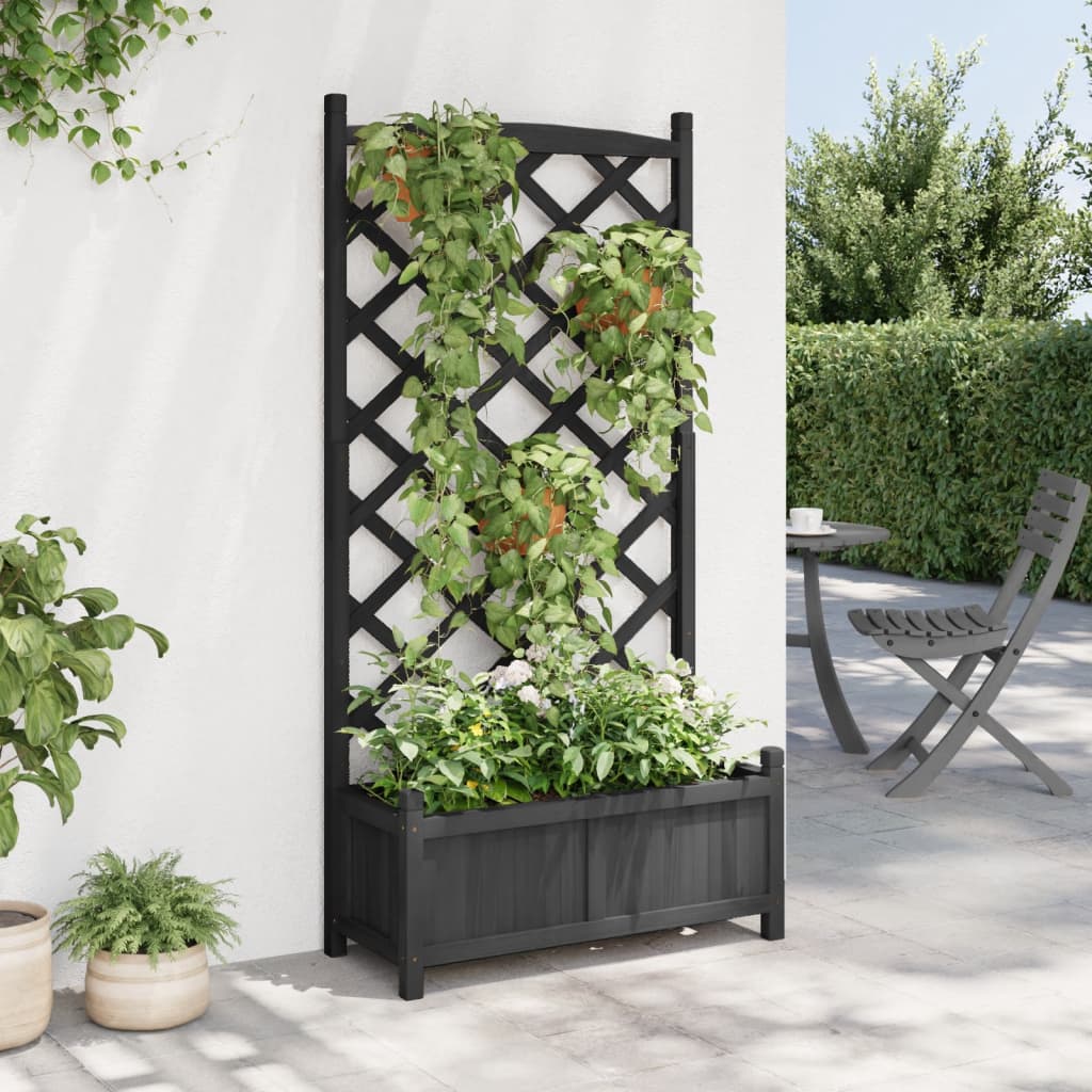 vidaXL Jardinieră cu spalier, negru, lemn masiv de brad