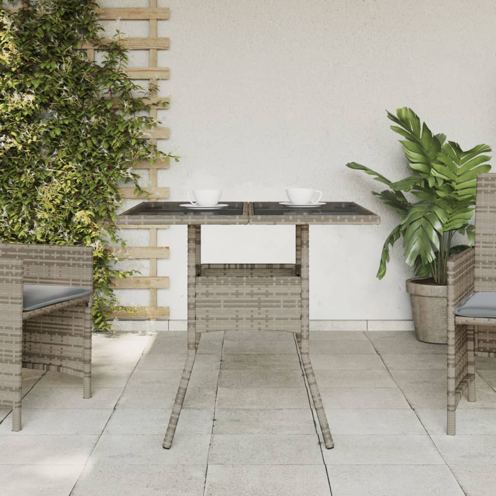 vidaXL Masă de grădină cu blat din sticlă, gri, 80x80x75 cm, poliratan vidaXL Masă de grădină cu blat din sticlă, gri, 80x80x75 cm, poliratan