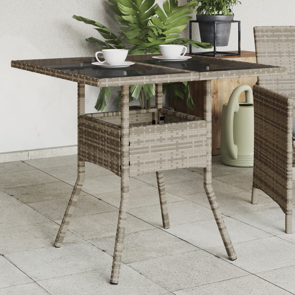 vidaXL Masă de grădină cu blat din sticlă, gri, 80x80x75 cm, poliratan vidaXL Masă de grădină cu blat din sticlă, gri, 80x80x75 cm, poliratan